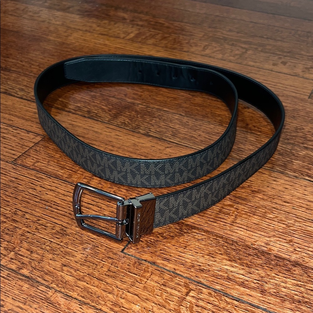 Michael Kors 3XL Brown/Black Signature Monogram Men’s Belt with Silver Buckle